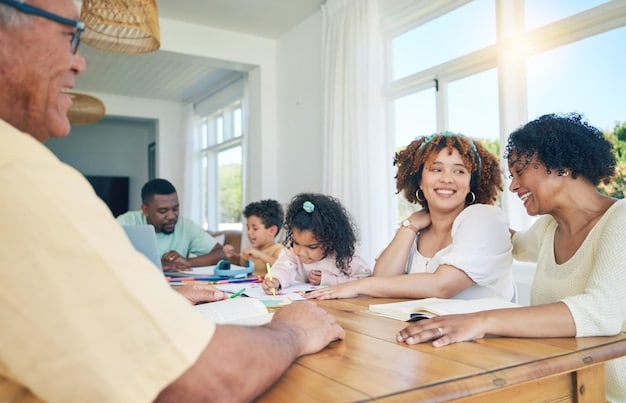 A diverse group of families smiles while gathered around a table, reviewing tax documents and calculators with expressions of hope and anticipation.
