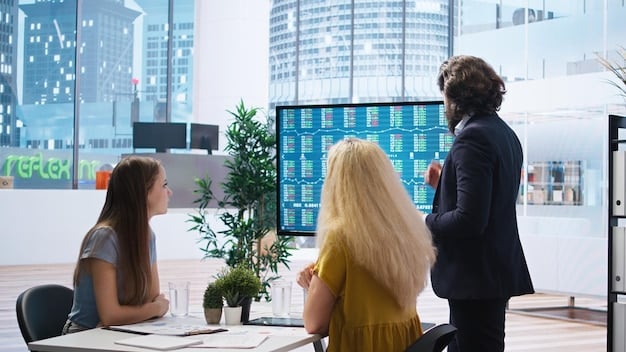A modern office setting with business professionals collaborating on financial projections and analyzing tax implications on a whiteboard.