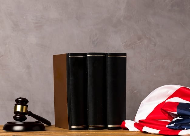 A gavel resting on a stack of law books with a blurred American flag in the background, symbolizing the authority of the Supreme Court and the importance of legal precedents.