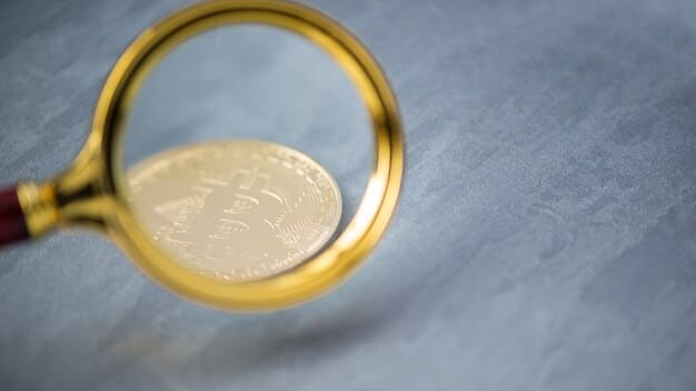 A close-up of a digital ledger with magnifying glass over it, symbolizing the need for scrutiny and accuracy in cryptocurrency transactions.