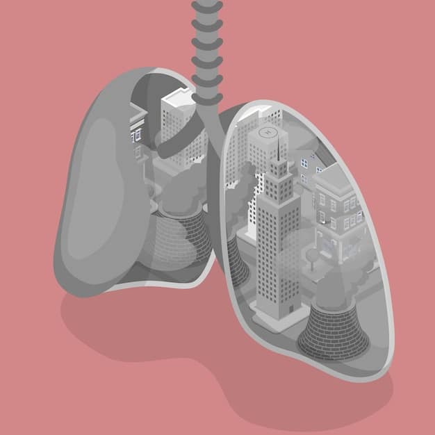 A detailed microscopic image showing particulate matter lodged in lung tissue, illustrating the harmful effects of air pollution on the respiratory system.
