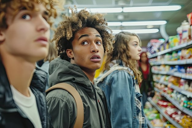 A group of diverse consumers looking worried while shopping, with price tags showing rising inflation in the background.
