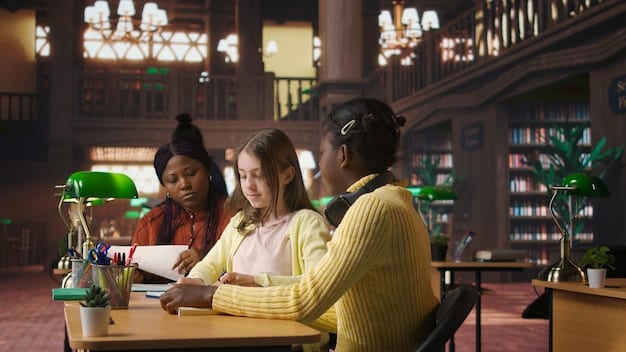 A diverse group of students studying together in a university library. The setting is vibrant and collaborative, illustrating the importance of academic support and engagement. Books and laptops are visible, indicating shared resources and learning.