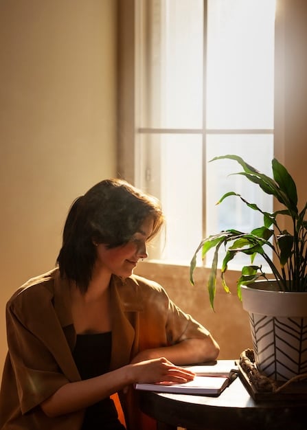 A student sitting at a desk, thoughtfully writing an essay with a pen and paper. The scene conveys focus and creativity. A window provides natural light, enhancing the writing atmosphere.