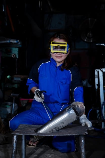 A student in a trade school welding class, wearing protective gear and focused on a welding project. Sparks are flying, and the background shows other students working on similar projects, highlighting the hands-on nature of trade school education.
