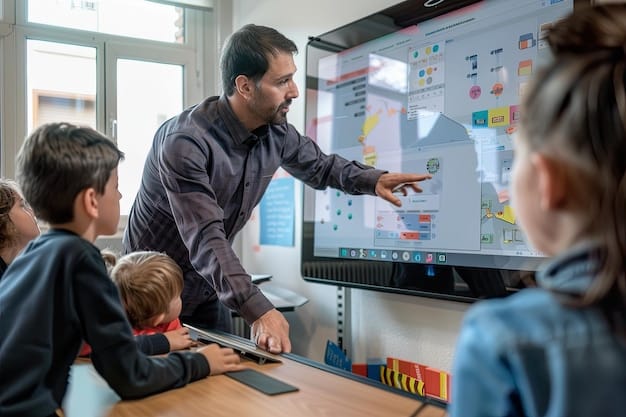 A teacher using an AI-powered dashboard to track student progress and identify areas where individual students need additional support. The dashboard displays various metrics, charts, and student profiles, showcasing the teacher's ability to provide personalized instruction.
