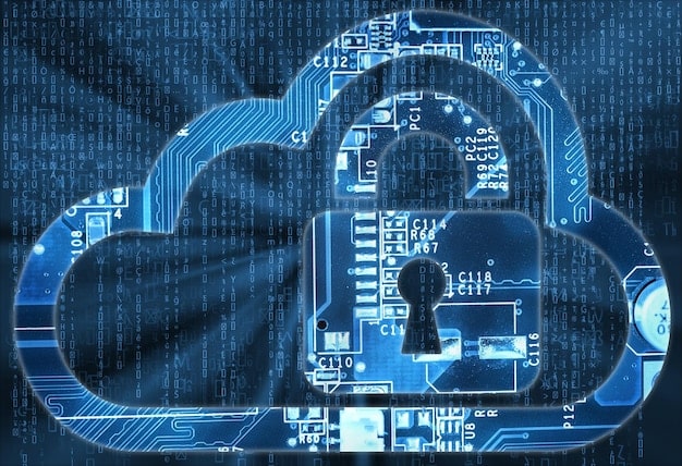 A graphic depicting data being transformed into encrypted code as it passes through a cloud network, with keys hovering around the encrypted data, symbolizing the encryption and decryption process.
