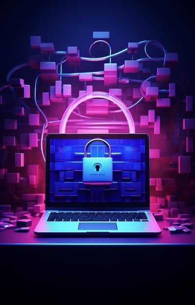 An illustration of a digital padlock being opened with a key labeled 