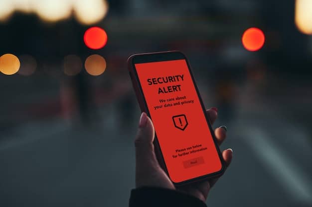 A close-up view of a smartphone displaying a security warning notification on its screen. The background shows a blurred office environment, highlighting the immediate threat of mobile security breaches in the workplace.