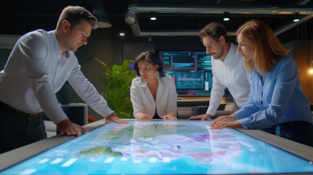 A team collaborating around a digital display, discussing project timelines and milestones. The atmosphere is collaborative and focused on leveraging technology.