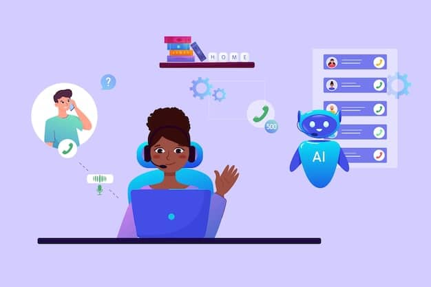 A customer support agent smiling while overseeing multiple AI-powered chatbots interacting with customers on different screens. The image emphasizes the collaborative role of AI and human agents in enhancing customer service efficiency.