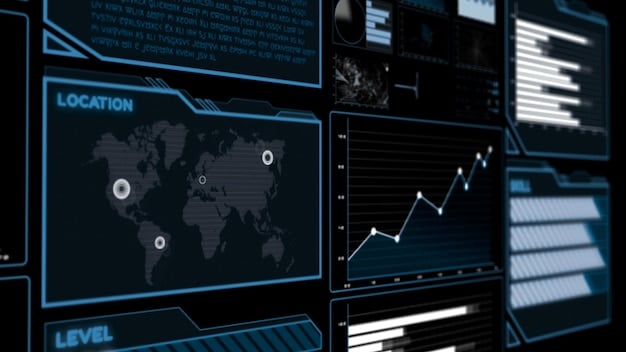 A close-up of a digital dashboard displaying real-time cybersecurity analytics. The dashboard features graphs showing threat levels, network traffic, and system vulnerabilities. AI-generated alerts flash on the screen, highlighting potential security incidents. The overall impression is one of constant vigilance and data-driven decision-making.