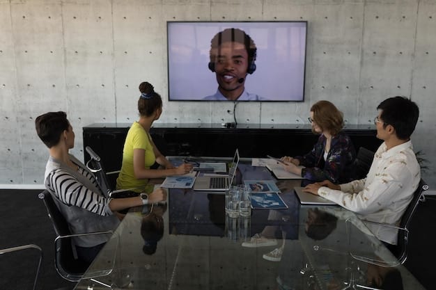 A screen capture of a virtual meeting involving a US-based project team, utilizing an AI-enhanced video conferencing tool that automatically transcribes meeting notes, tracks action items, and provides sentiment analysis of team member contributions.
