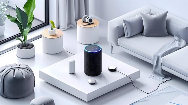 A graphic showing data flowing from various smart home devices (smart speaker, smart TV, smart thermostat) to a central hub, with a magnifying glass over the data stream, highlighting potential privacy vulnerabilities.