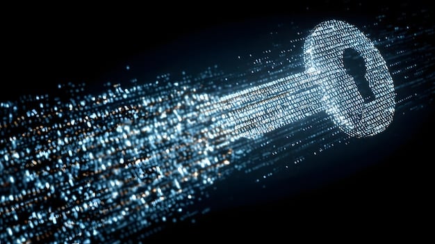 A close-up of a digital lock with binary code flowing around it, representing the concept of data security and privacy protection. The lock has a subtle holographic effect.