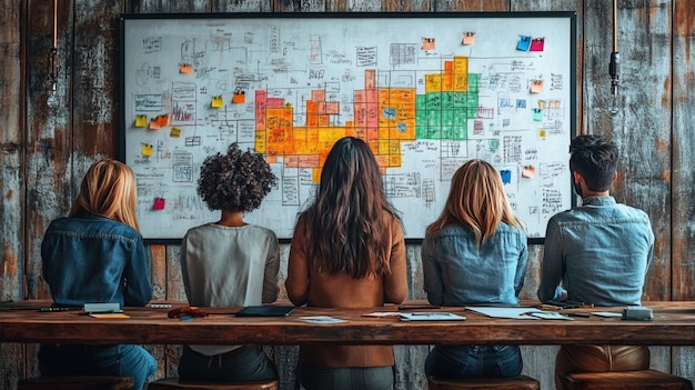A group of people working around a table, brainstorming data privacy solutions. The atmosphere in the room is collaborative and focused, with sticky notes and diagrams on the whiteboard.
