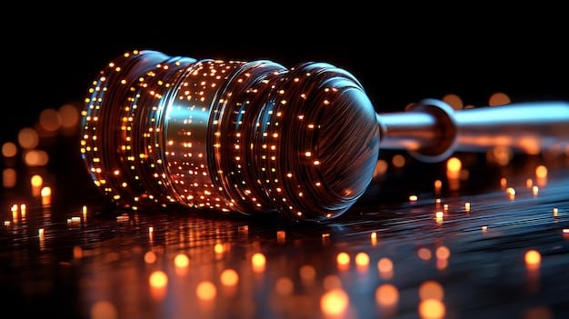 A gavel striking a sound block with digital icons floating around, representing legal authority and regulation of digital content.