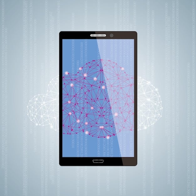 A wireframe of an application interface on a tablet device, overlaid with network connections and icons representing different types of user data (location, contacts, browsing history). The background is a blurred office environment with people working on computers.