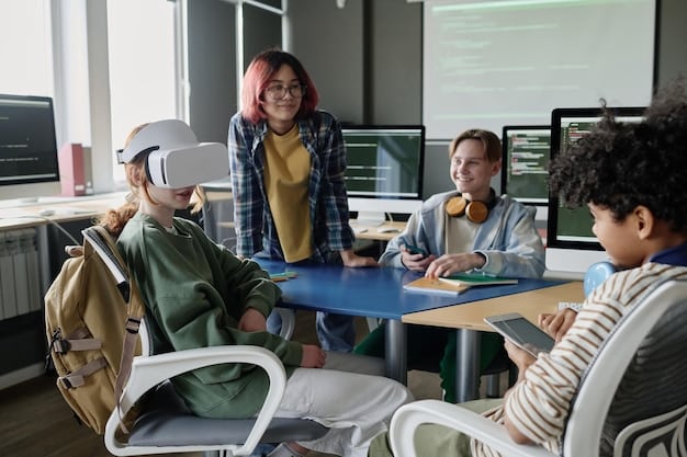 A diverse group of students is collaborating on a project in a modern, technology-rich classroom. Laptops and tablets are being used, and there is a whiteboard with notes. They are all smiling and engaged.