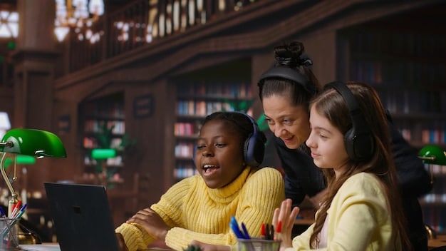 A diverse group of students happily studying together in a brightly lit library, representing the community aspect of higher education.
