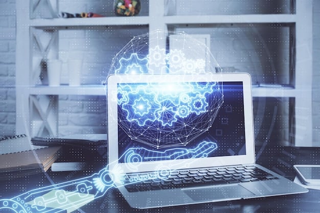 A close-up of a computer screen displaying a data entry form with AI elements overlaid, such as code snippets and neural network diagrams, highlighting the integration of AI in the process.