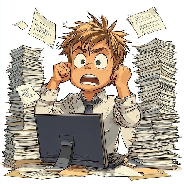An illustration showing a frustrated office worker surrounded by piles of paperwork with error markings. In the background, an AI-powered automation system is depicted smoothly processing data with minimal errors, highlighting the contrast between manual and automated processes.