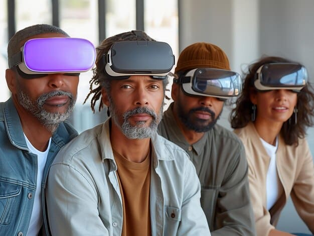 A group of diverse individuals, some wearing VR headsets and others using AR glasses, collaborating on a 3D design project in a shared virtual workspace. The scene emphasizes teamwork, innovation, and the use of advanced technology for creative collaboration.