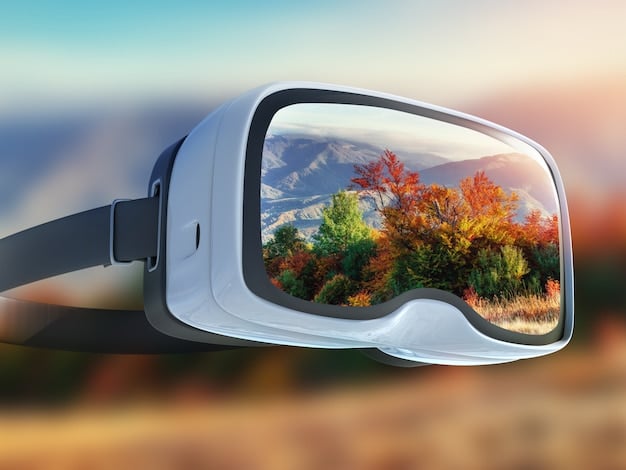 A detailed close-up of a high-resolution VR headset display showing a hyper-realistic virtual environment. The image highlights the advanced visual clarity and immersive quality of modern VR technology, emphasizing the potential for lifelike metaverse experiences.