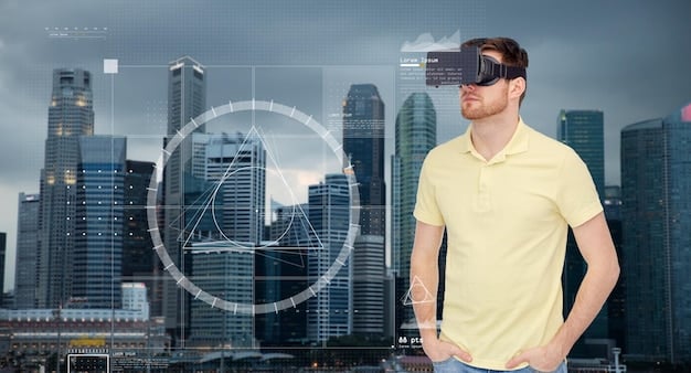 A person wearing augmented reality glasses, interacting with virtual data overlays in a modern office setting, illustrating the integration of metaverse technology into professional environments.