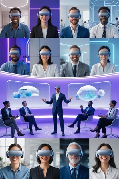 A diverse group of avatars attending a virtual conference in a realistic, immersive metaverse environment, showcasing collaboration and networking in the digital world.